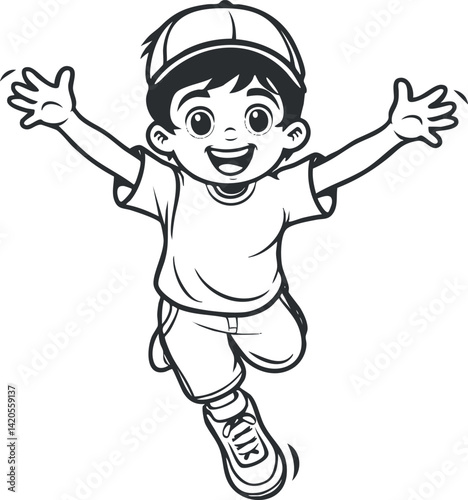A joyful cartoon boy running with a big smile, embodying happiness and youthful energy.