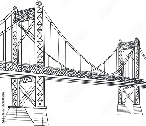 A detailed line art illustration of a suspension bridge showcasing its architectural features.