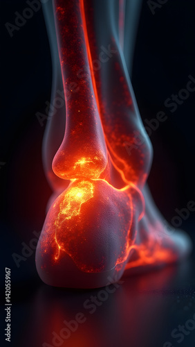 A stress-mapped calcaneus glowing red/obsidian with impact zones. Perfect for running injuries or exoskeleton design.