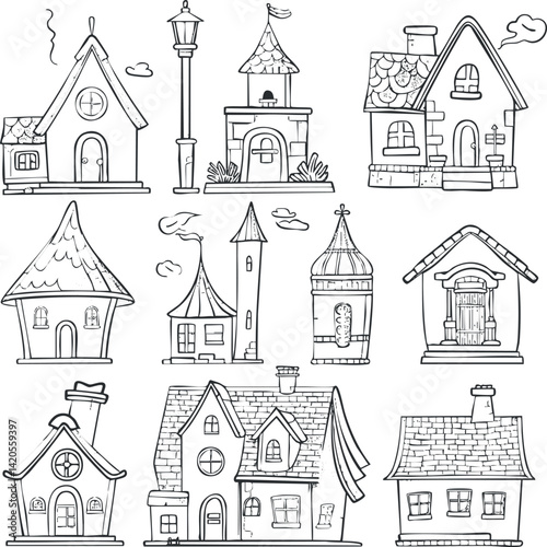 A whimsical illustration of various cartoon-style houses and buildings in black and white.