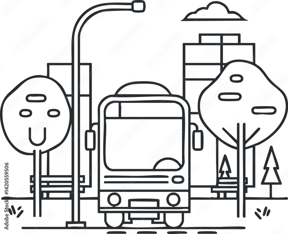 Fototapeta premium A simple line art illustration of a bus stop in an urban environment with trees and buildings.