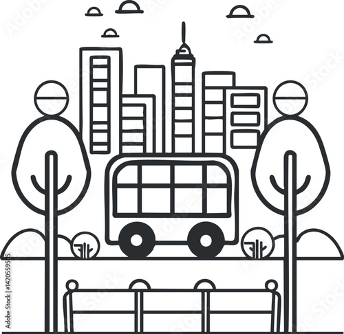 A minimalist illustration of a city scene featuring a bus amidst buildings and trees.