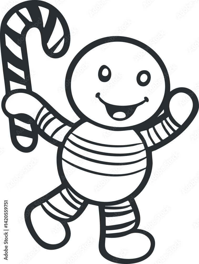 Obraz premium A cheerful gingerbread character holding a candy cane, perfect for holiday illustrations and children's activities.