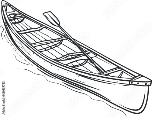 A detailed line drawing of a canoe on water showcasing its elegant design and structure.