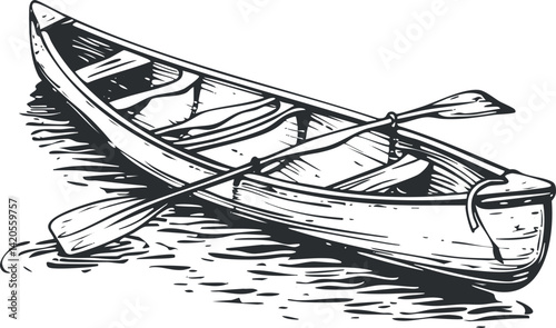 A detailed illustration of a wooden canoe on calm water with paddles.