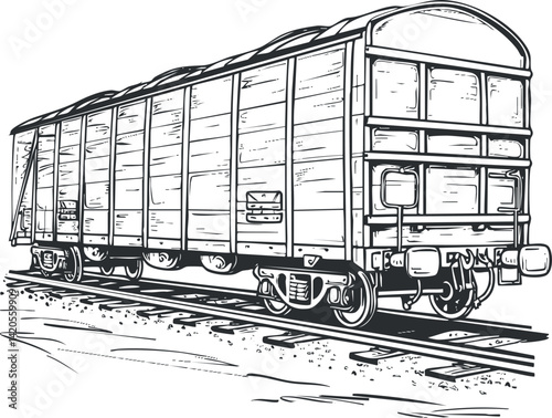 A detailed sketch of a vintage freight train boxcar on railway tracks.