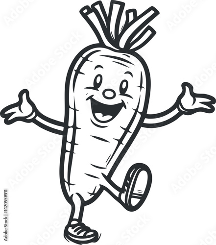 A cheerful cartoon carrot character with a smiling face and playful pose.