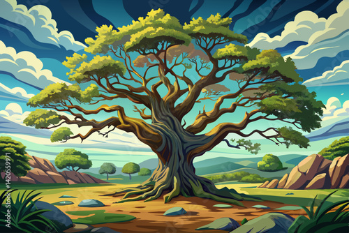 Angel Oak Tree Panorama on national park vector