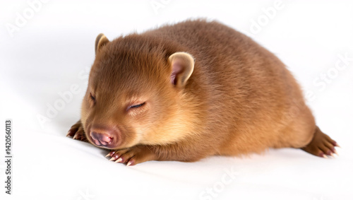 A sleeping brown cuscus resting on a white surface in a close up studio shot with closed eyes and small ears created with generated ai