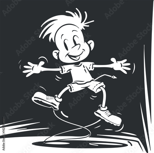 A cheerful cartoon boy happily jumping rope, showcasing energy and playful spirit in a simple design.