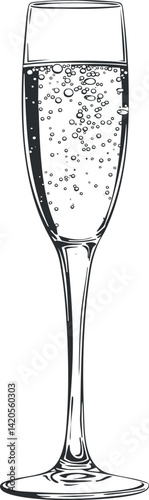 A detailed illustration of a champagne glass filled with sparkling bubbles perfect for celebrations.
