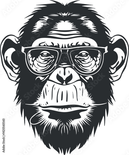 Stylized illustration of a chimpanzee wearing glasses in a humorous and artistic design.