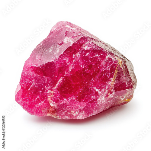 Explore the beauty of raw ruby stone, showcasing its rich color and unique texture against a  white background. photo