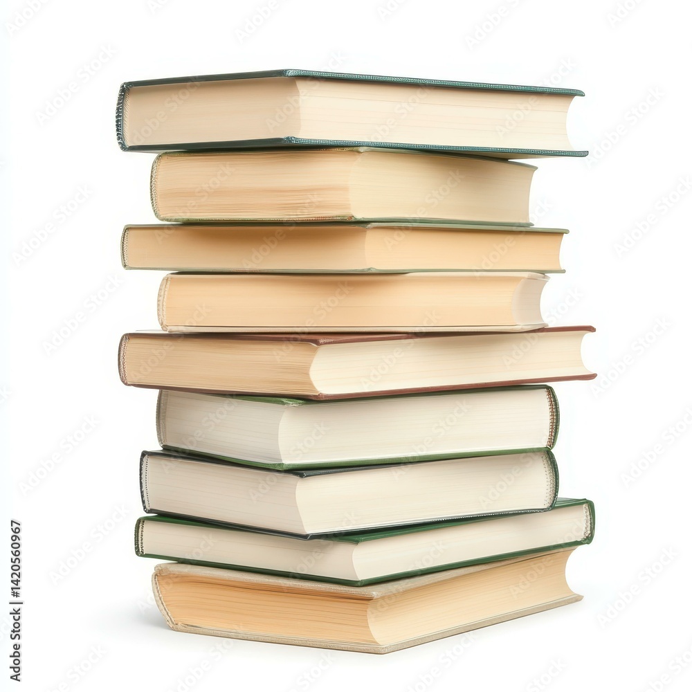 A neat stack of books in varying sizes resting on a pure white background, perfect for showcasing literary themes. A neat stack of books in varying sizes resting on a pure white background, perfect for showcasing literary themes.