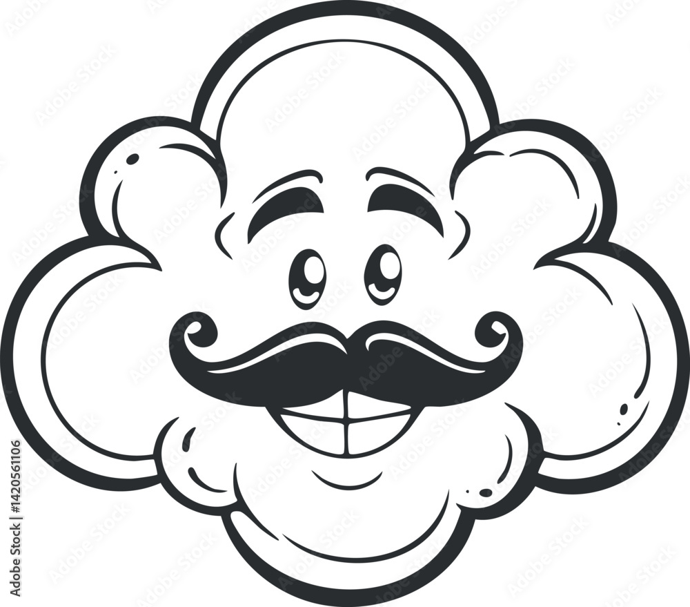 A cheerful cartoon cloud character with a mustache and a big smile, perfect for fun designs. A cheerful cartoon cloud character with a mustache and a big smile, perfect for fun designs.