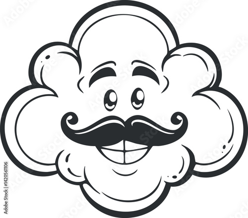 A cheerful cartoon cloud character with a mustache and a big smile, perfect for fun designs.