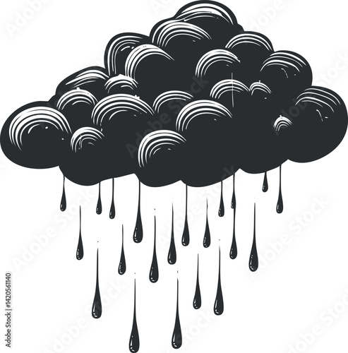 An artistic illustration of a cloud with rain depicting a moody weather scene.