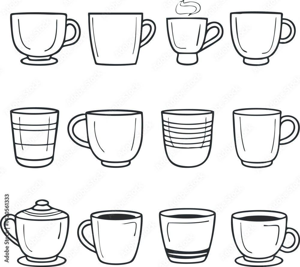 A collection of various cup and mug designs in a simple line art style. A collection of various cup and mug designs in a simple line art style.