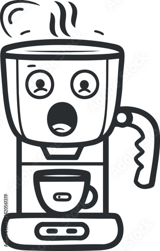 A cartoon coffee maker with steam and a surprised expression, perfect for coffee lovers.