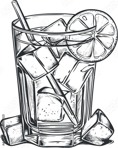 An artistic illustration of a refreshing cocktail in a glass with ice and lemon slice.
