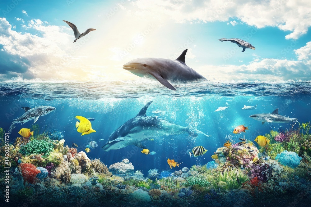 Obraz premium Dolphin in Ocean with Coral Reef and Flying Reptile