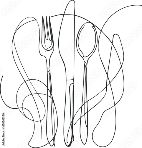 Minimalist line art illustration of cutlery including a fork knife and spoon.
