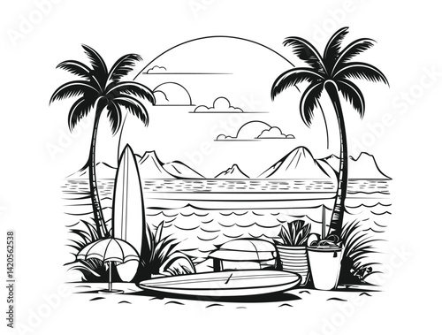 A vector illustration shows a tropical island paradise with palm trees on a sandy beach at sunset by the sea, perfect for Spring Break