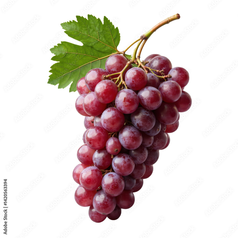 Red grape bunch with green leaves isolated on white background Red grape bunch with green leaves isolated on white background