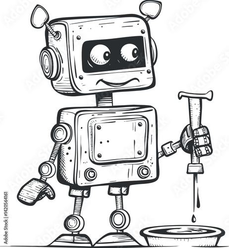 A playful cartoon robot conducting a science experiment with a test tube and bowl.