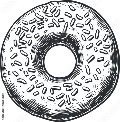 A hand drawn illustration of a donut featuring sprinkles and a circular shape.