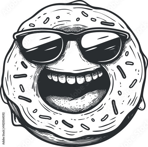 A cheerful cartoon donut wearing sunglasses and smiling widely, perfect for fun food illustrations.
