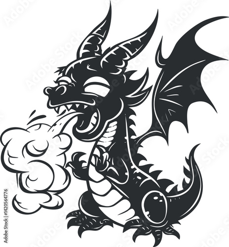 A playful cartoon dragon exhaling smoke in a whimsical black and white illustration style.