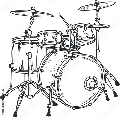 Illustration of a detailed drum kit featuring snare and cymbals in a minimalist style