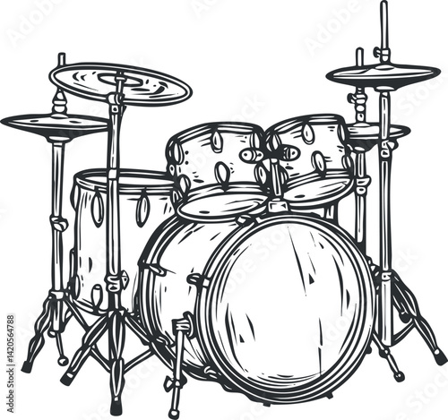 Illustration of a drum set featuring various percussion instruments for musical performances.