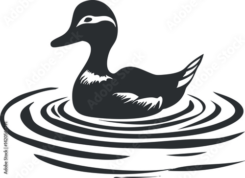 A stylized illustration of a duck swimming in water with ripples around it.