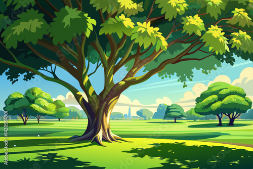 amazing  greenery leaves branches vector of big Rain tree sprawling cover on green grass lawn under sunshine morning
