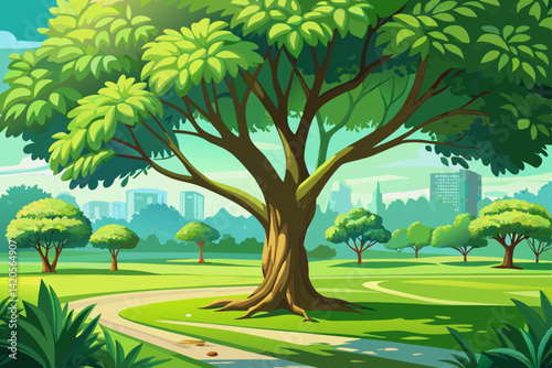 amazing  greenery leaves branches vector of big Rain tree sprawling cover on green grass lawn under sunshine morning
