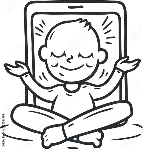 A child practicing meditation while sitting cross-legged in front of a smartphone screen.