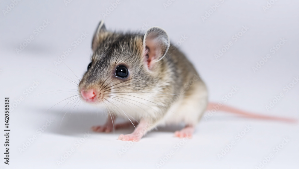 A small brown and gray mouse with a pink nose sitting on a white surface looking forward intently created with generated ai A small brown and gray mouse with a pink nose sitting on a white surface looking forward intently created with generated ai