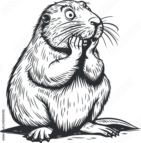 A comical illustration of a surprised marmot with expressive features and hands on its cheeks.