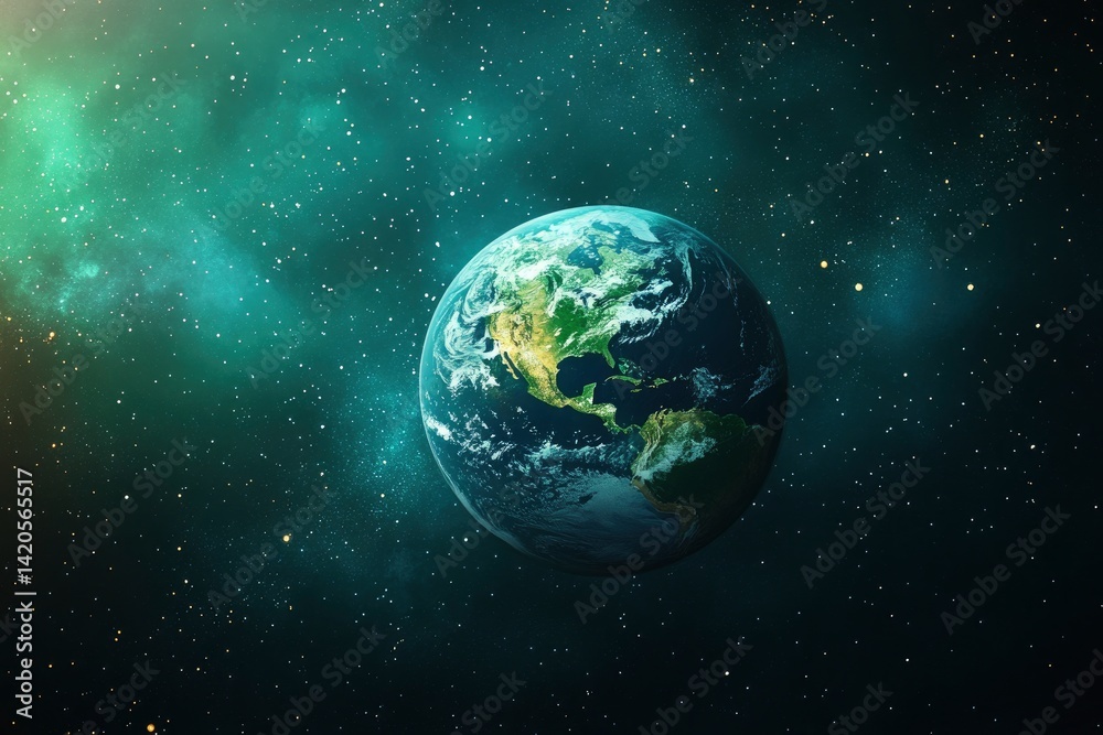 Earth in Space with Stars and Green Nebula