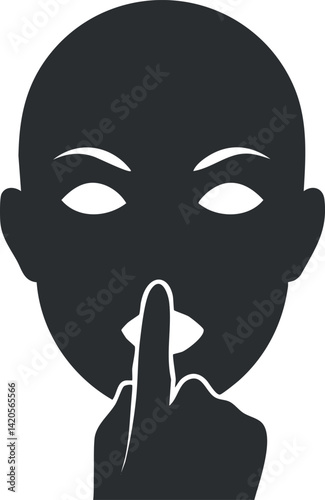 A minimalist illustration of a face making a shushing gesture to convey silence and secrecy.