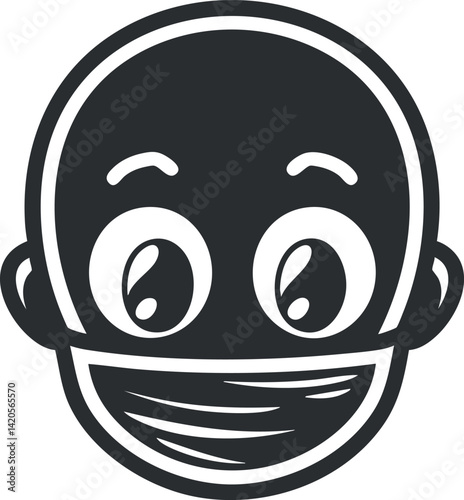 A cheerful cartoon face wearing a protective mask with large expressive eyes.