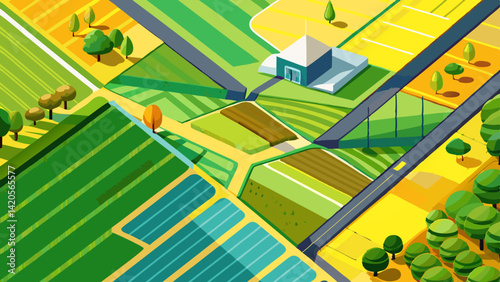 Aerial view captured by a drone dividing a green and a yellow agricultural area. Two fields seen from above.