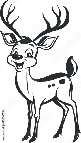 A playful cartoon deer with antlers, smiling joyfully in a whimsical forest setting.