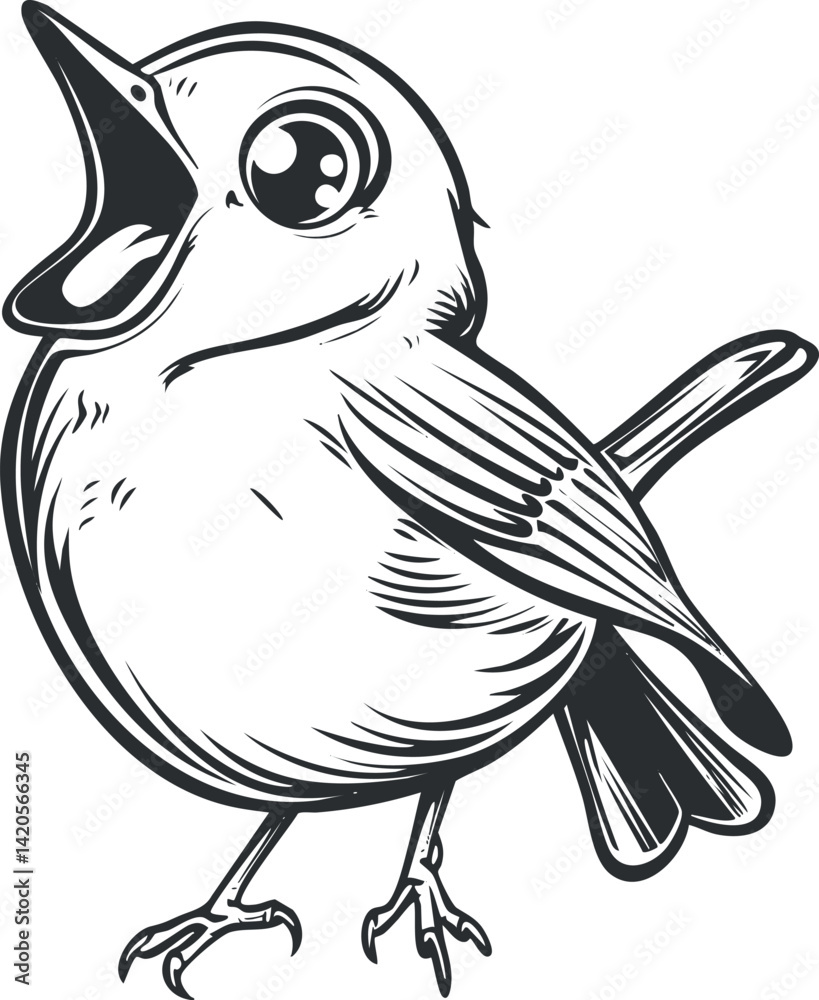Fototapeta premium A whimsical illustration of a singing bird with an expressive face and detailed feathers.