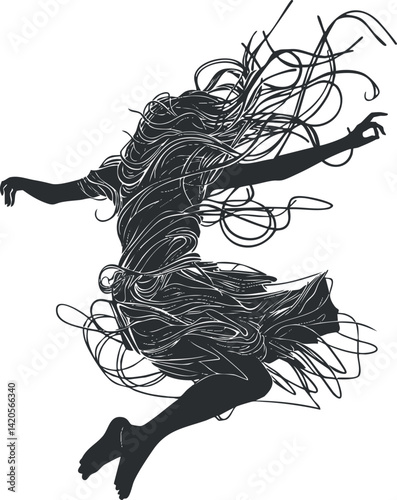 An abstract silhouette of a dancing figure with flowing hair and dynamic movement.
