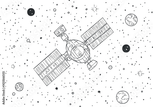 A black and white illustration of a satellite floating in space surrounded by planets and stars.