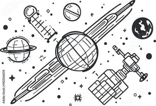 Hand-drawn illustration of planets, satellite, and spacecraft in outer space with cosmic elements.