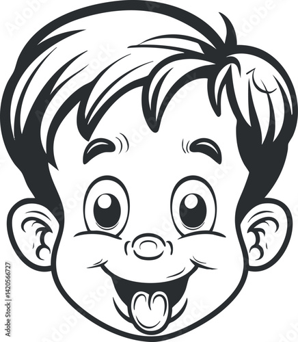 A cheerful cartoon illustration of a boy's face with a playful expression and tongue out.
